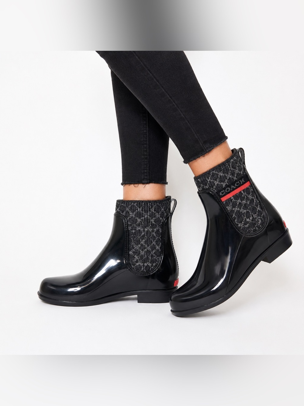 Coach Rivington Glossy Black Chelsea Rain Booties Logo Pull-On Women’s Size 6